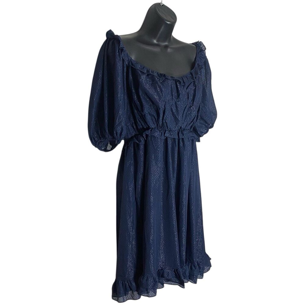 By The River Mini Dress Womens L Babydoll Swiss Dot Boho Ruffle Puff Sleeve NEW